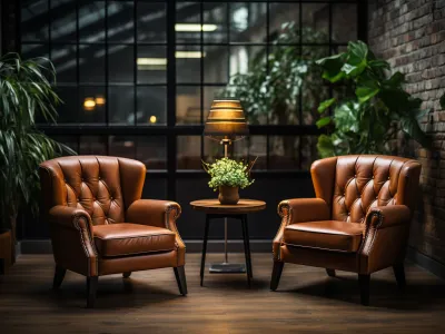 brown leather chairs surrounded by plants in an windowed space